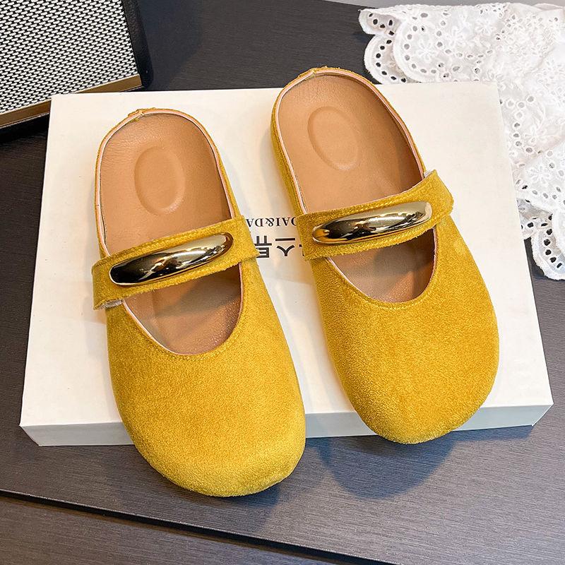 Solid Color Mary Jane Bag Head Half Slippers Women's Pedal Light Mouth Metal Temperament Fashion Shoes 2025 New
