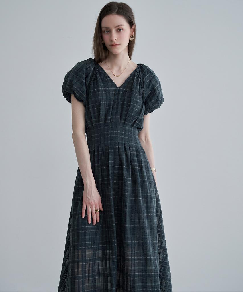 Leni And Mccoy See-Through Check Puff Sleeve Dress Ml08Op603Hjy
