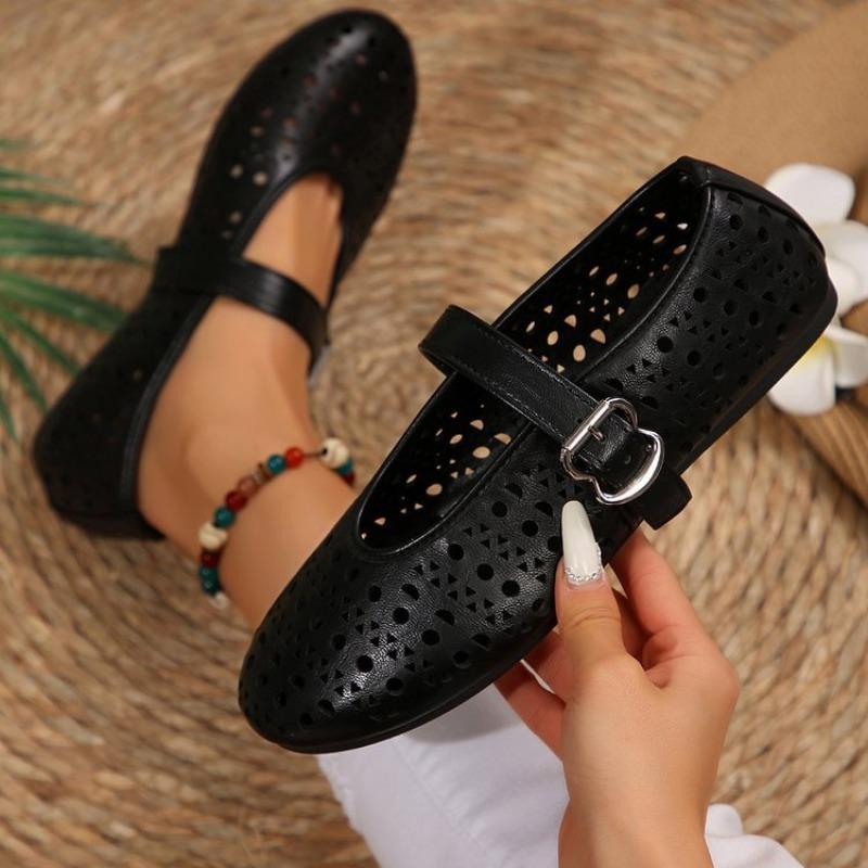Women Plus Size French Hollow Leather Flats Minimalist Design Ballet Mary Jane Shoes Spring