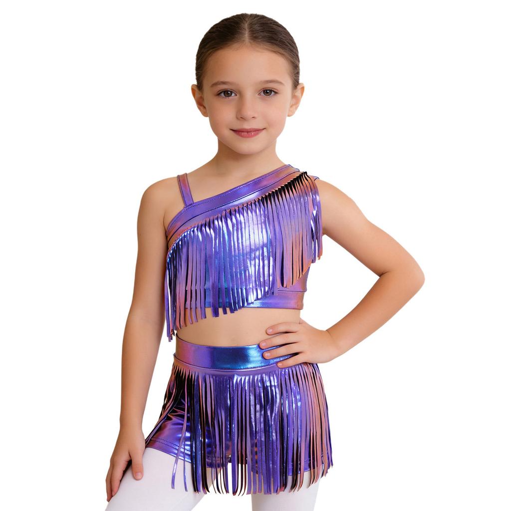 Kids Girls Jazz Dance Crop Top Asymmetrical Shoulder Metallic Tassels with Elastic Waistband Shorts for Theme Party Stage Performance
