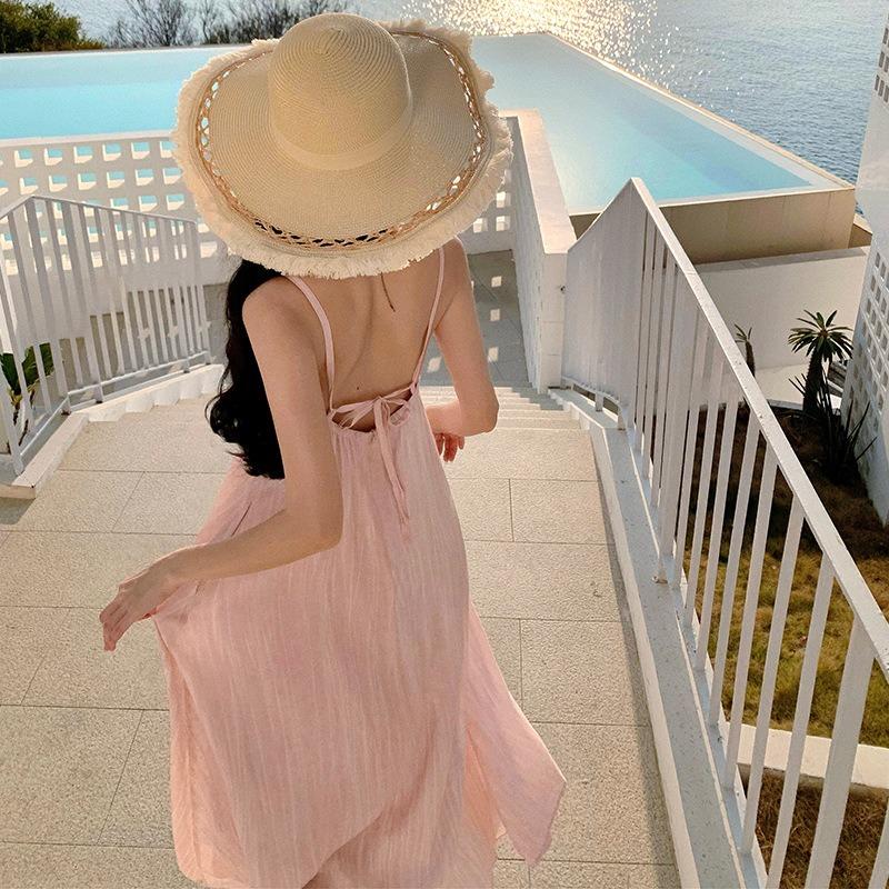 Seaside Vacation Gentle Pink Suspender Dress Beautiful Unique Beautiful Small Skirt High-end Temperament Beach Dress