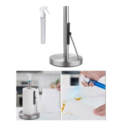 Stainless Steel Paper Towel Holder with Sprays Bottle Standing Weighted Base Tissue Roll Rack for Kitchen Countertop
