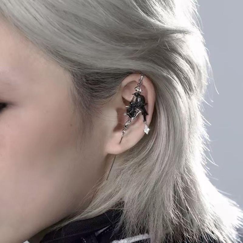 Comfortable Piercing Earrings Rose and Black Crow Stick Clip Earring Alternative Style Accessories Party Wear Jewelry