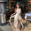 Neck Swing Collar Sleeveless Dress Women's Summer Waist and Thin Temperament Irregular Seaside Vacation Style Dress