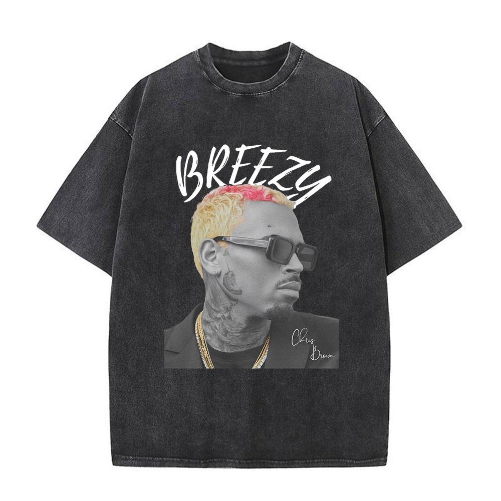 Rapper Chris Brown Breezy Big Face Graphic Vintage Washed TShirts Men Women Harajuku ONeck Cotton Casual Short Sleeve T Shirts