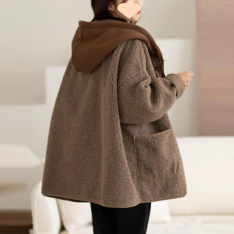 Oversized Hooded Lamb Wool Fleece Jacket with Patchwork Design and Button Closure