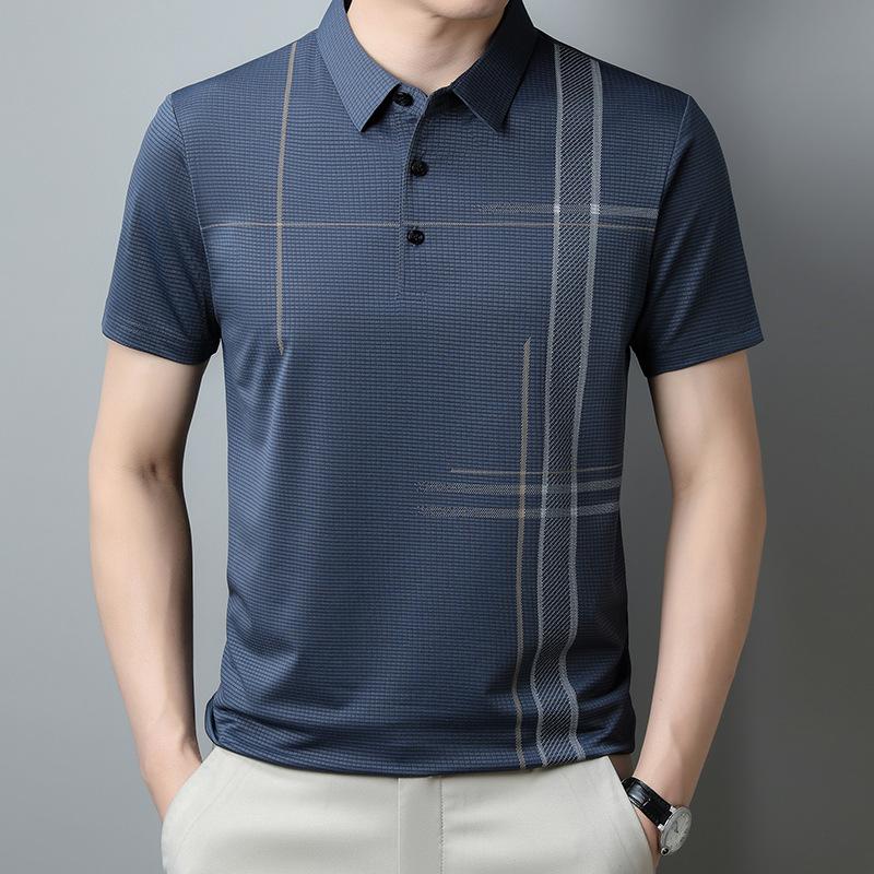 Polo Shirt Men'S Short-Sleeved T-Shirt Half-Sleeved Top High-End Trendy Casual Striped Lapel High-Elastic Bottoming Shirt