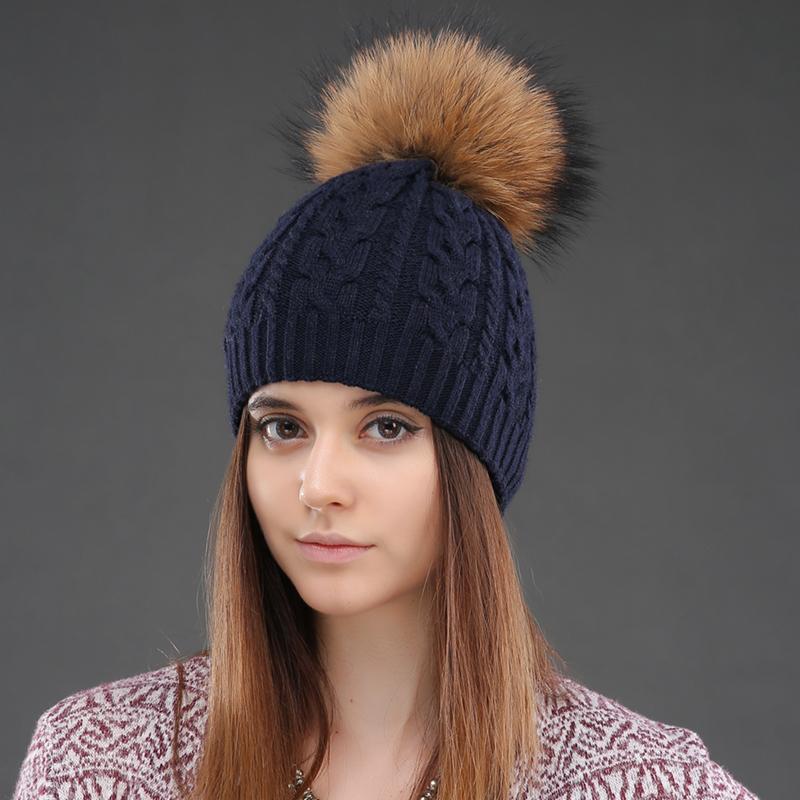 Women Double Layer Knitted Hats Winter Warm Beanies Wool Hat With Pompom Natural Fur Raccoon Fashion Female Cap