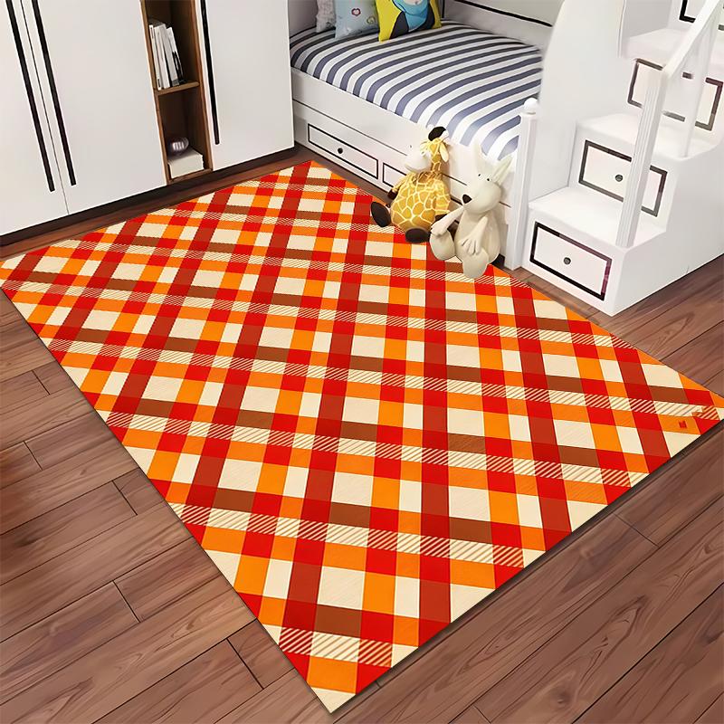 Plaid Pattern Carpet for Living Room, Red Orange and Beige Design Suitable for use as an anti-slip for living room bedroom sofas