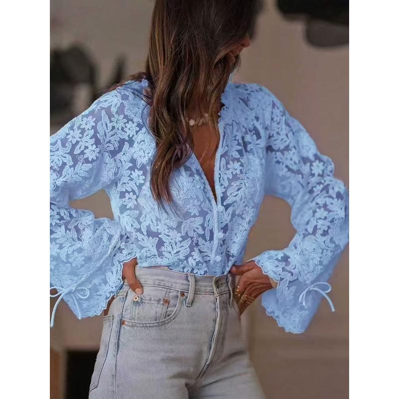 2026 New Fashion See Through Mesh Lace Shirt Korean Style Sweet Hollow Out Blouse Loose Casual Slim Long Sleeve Crochet Elegant Tops Solid Clothing
