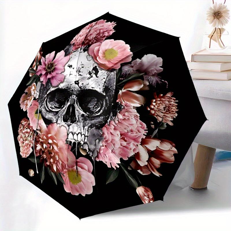 1pc Skull Flowers Auto Open/close, All-Season Portable Folding Umbrella for Women & Men, Travel, Everyday, Formal Events -06193