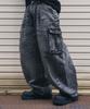 Beokeuldaun One-Pleat Wide-Fit Curved Cargo Denim Pants (Washed Grey)