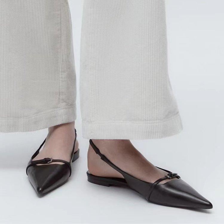 Summer Black Women's Flat Bottom Slingback Sandals Woman PointedToe Mules Fashion Leather Pu Low-heel Beach Shoes