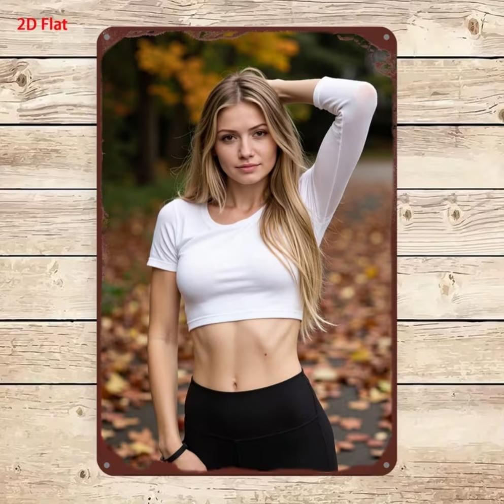 Letrero Vertical de Metal Lata Mujer Rubia Top Corto Amarillo Pantalones Cortos de Mezclilla Paisaje de Flores Silvestres Decoración para Colgar en la Pared