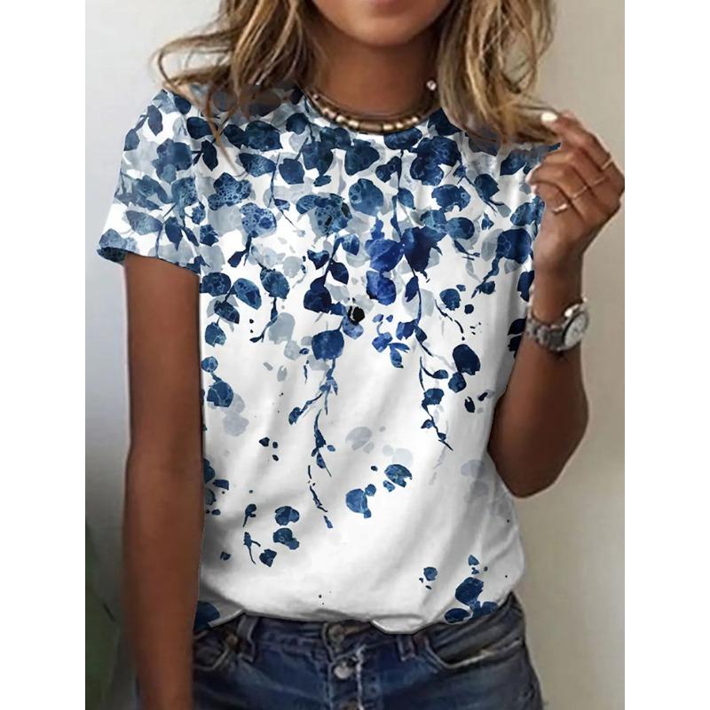 Women's 3D Summer Personalized Fresh Flower Printed Round Neck Flower Painting Short Sleeve T-shirt