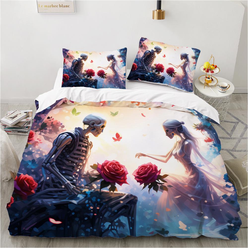 Skull Wedding Cartoon Comforter Sets Bedding Set Double Queen King Twin Full Size Duvet Cover Set Kids Girls White Bed Linen
