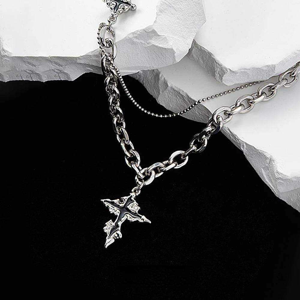 Punk Black Cross Necklace For Men Women Trend Titanium Steel Chain Sweater Pendant Hip Hop Jewelry Cool Accessories