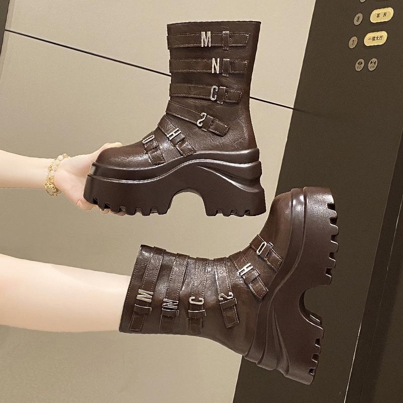 Fashion Women Punk Boots 9.5CM High Platform Outdoor Leather Shoes New Autumn Winter Metal Mid-calf Boots Hidden Heels Motorcycle Boots