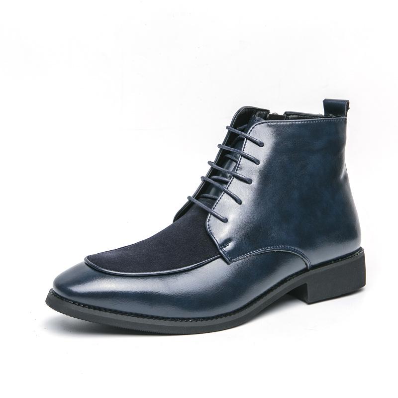 Men's Plus Size High-Top Leather Boots - Colorblock, Side Zipper, British Style, Autumn/Winter Fashion
