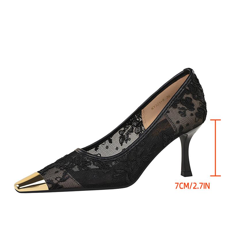 Fashion Fashion Metal Square Toe Lace Air Mesh Women Pumps Elegant Thin High Heels Office Lady Shoes Spring Autumn Party Dress Shoes