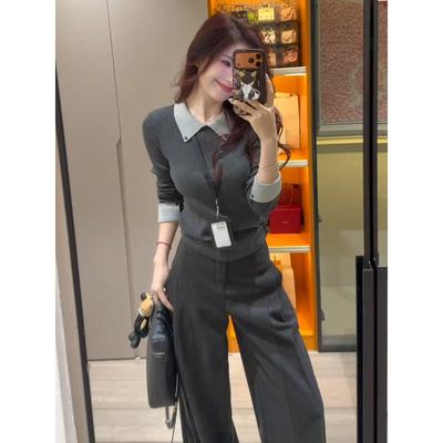 High-end Contrasting Color Collar Lapel Knitted Sweater Autumn and Winter Top Slim Shoulder Inner Long-sleeved Women's Soft Waxy Sweater