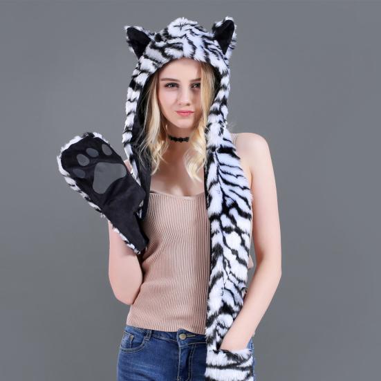 Hoods Hat Fur Hood Scarf Fluffy Animal Factor Comfortable Full Scarves Pockets Ear Flat Cap for Winter