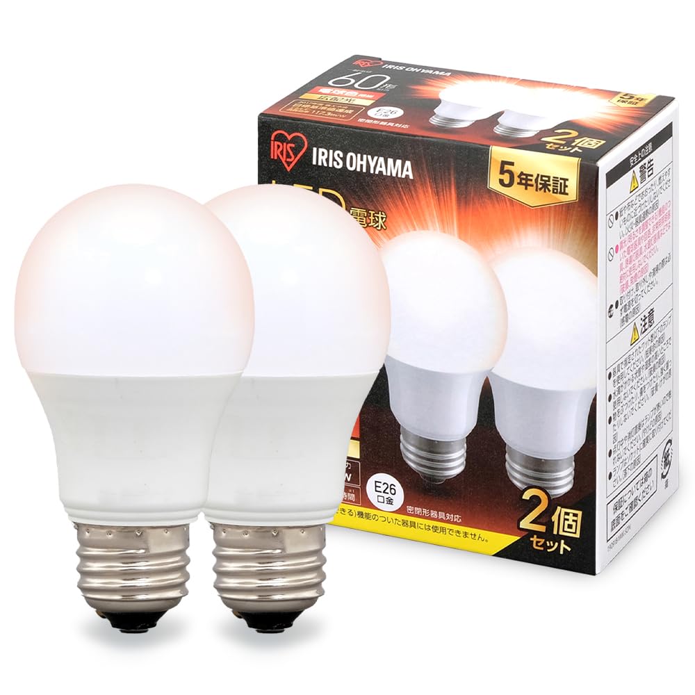 Iris Ohyama LED Light Bulb, E26 Base, Wide Beam Angle, 60W Equivalent, Warm White, 2-Pack, Suitable for Enclosed Fixtures, LDA7L-G-6T62P