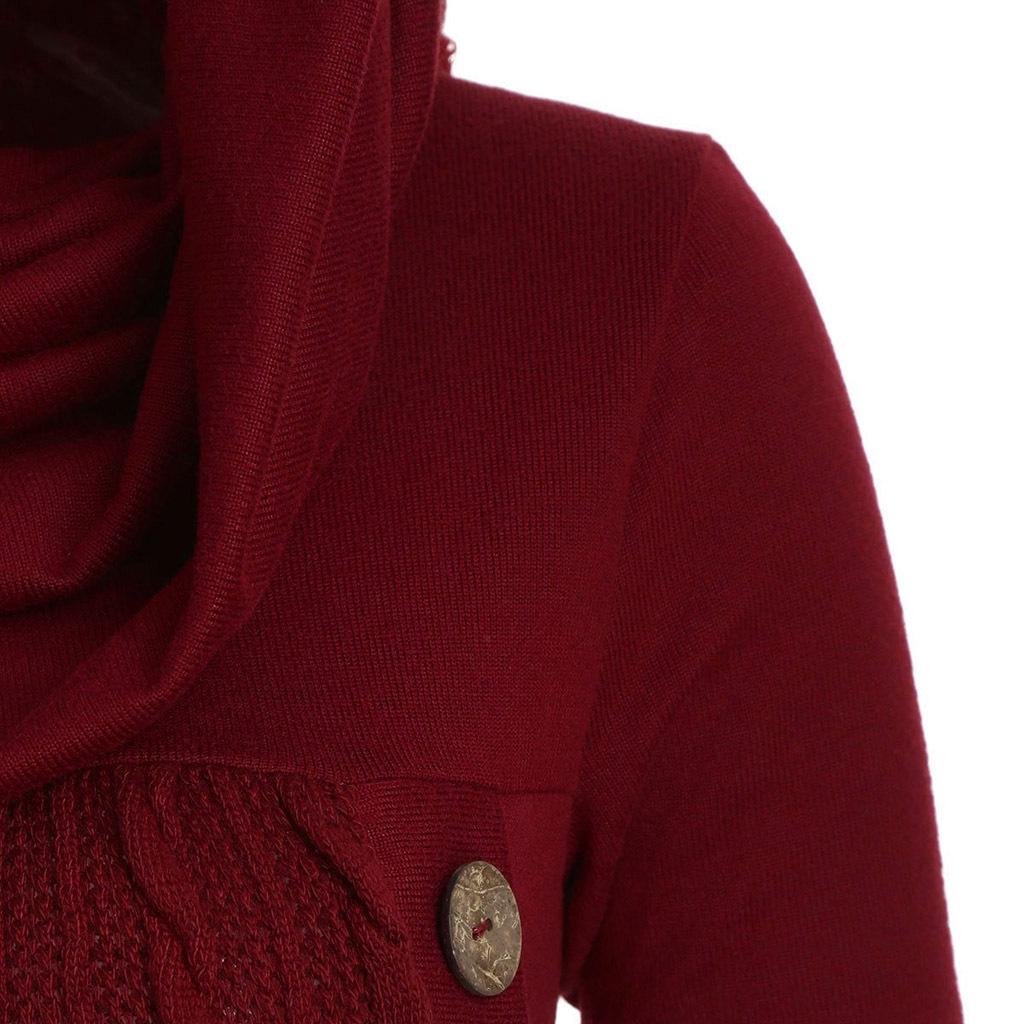 Damen Strickpullover in Übergröße mit hohem Kragen, Kapuze und Knopfleiste