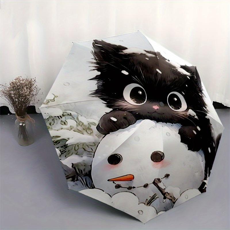 1pc Snowman & Cute Cat Fully Automatic Folding Portable Umbrella, 8 Iron Frames, Three-Fold Design, Suitable for All Seasons, Suitable for Outdoo