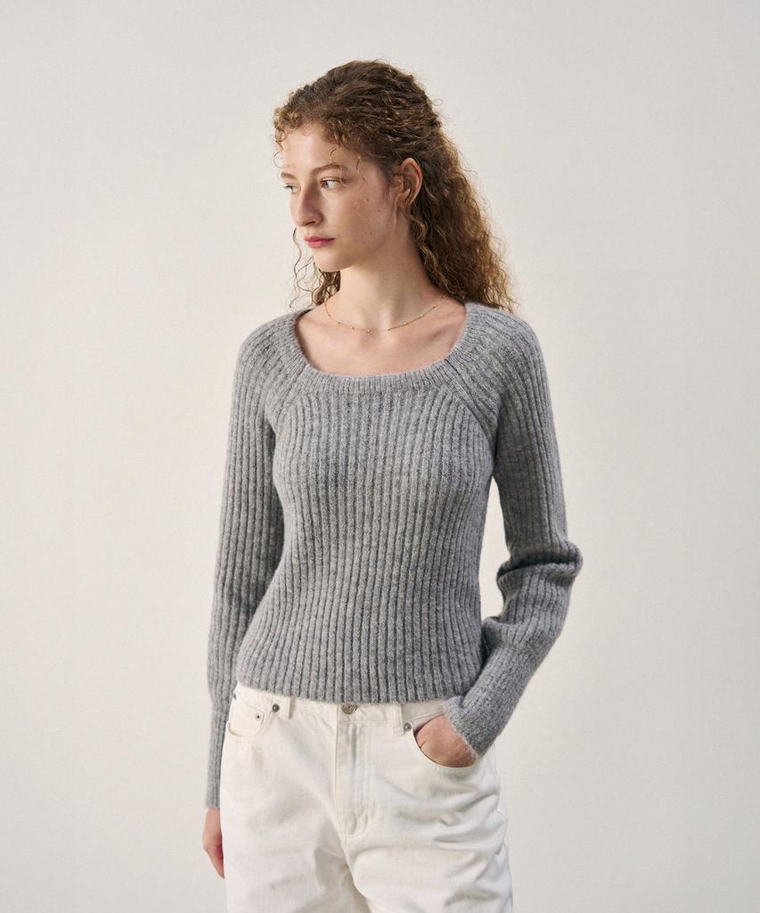 Deuloupisumeon Alpaca Volume Sleeve Square Ribbed Knit [L.Grey]
