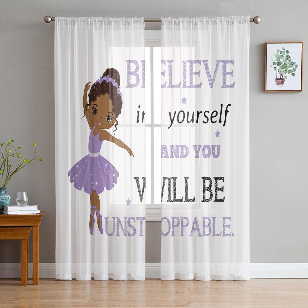 Ballet Dancer Girl Pink Flower Translucent Drapes Window Opening Drapes Ideal for Living Room Bedroom Home Decor Cherry Blossoms Chiffon Drape