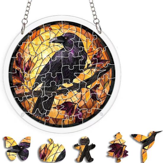 Yousheng Halloween Acrylic Puzzle Decor, 2D Ghost Pumpkin Skeleton Hanging Sign, Faux Stained Glass Spooky Puzzle for Party Home Decor, Stress Relief