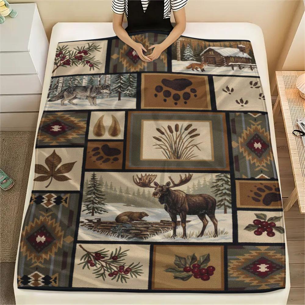 1PC Patchwork Style Print FlAannel Blanket, High Quality Comfortable for All Seasons, Home Decor, Warmth and Comfort
