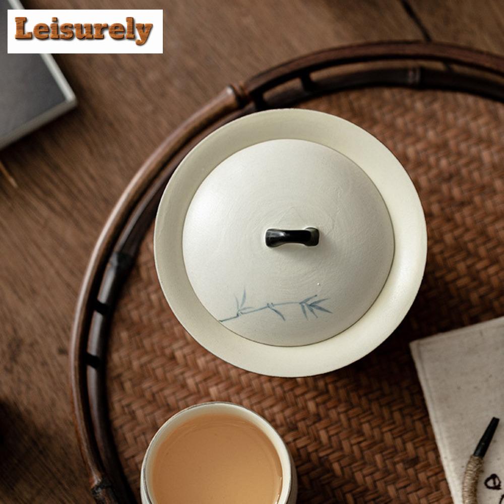 150ml Hand-painted Ink Bamboo Gaiwan Aesthetic Pink Yin White Horseshoe Tea Tureen Tea Maker Cover Bowl Chinese Tea Set Craft