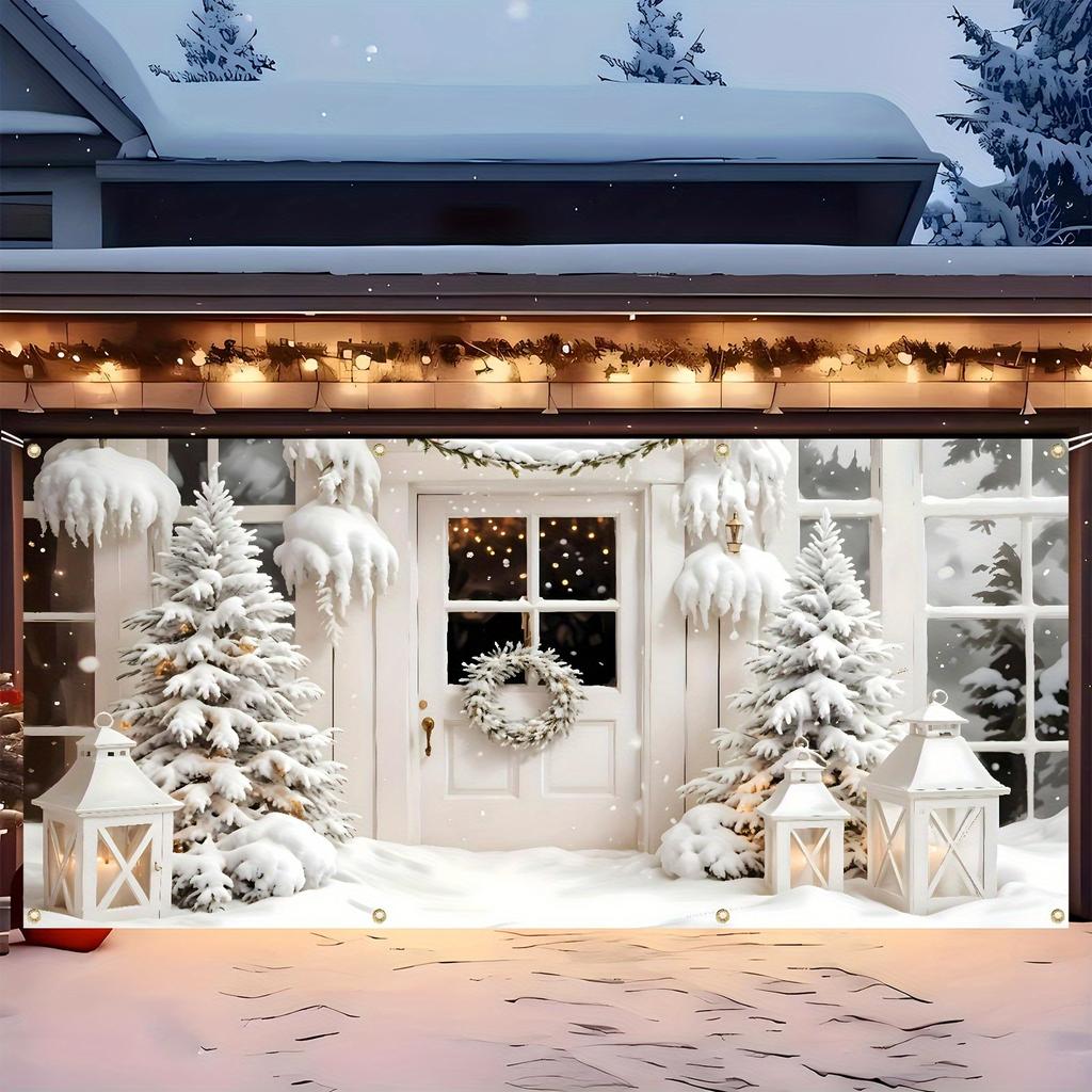 A winter wonderland Christmas garage door banner, polyester snow scene background, holiday wall decoration