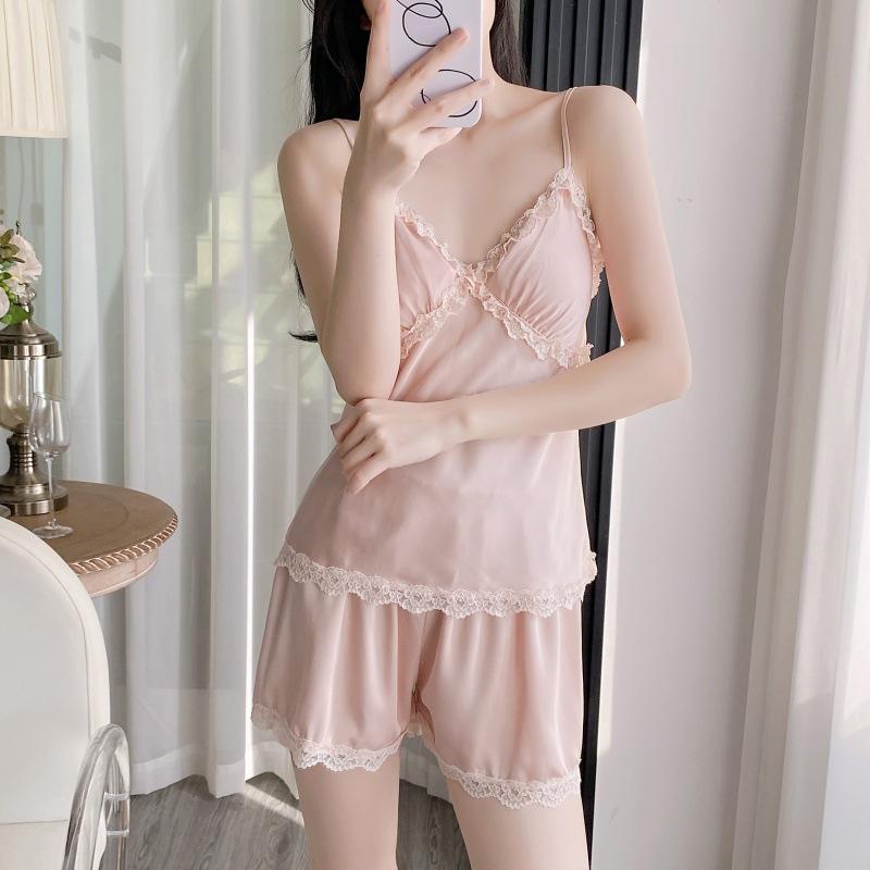 Internet celebrity spring and summer women's pajamas new thin solid color lace ice silk suspender shorts vest loungewear set
