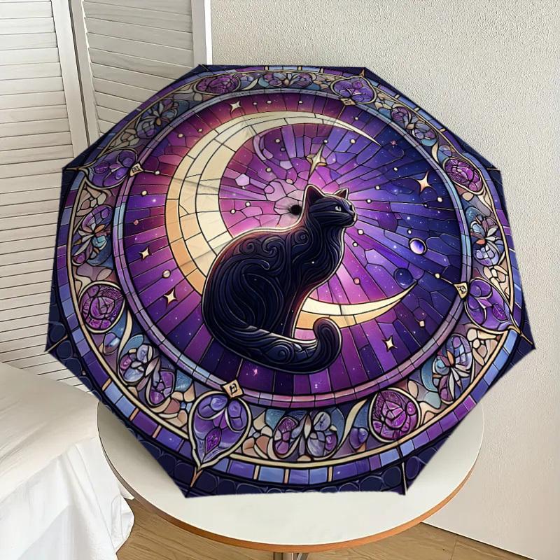 1PC stained glass window moon cat Umbrella-8-Rib Reinforced, Automatic Open, Lightweight & Durable, Cute Fashion Accessory for Outdoor, Beach or Casua