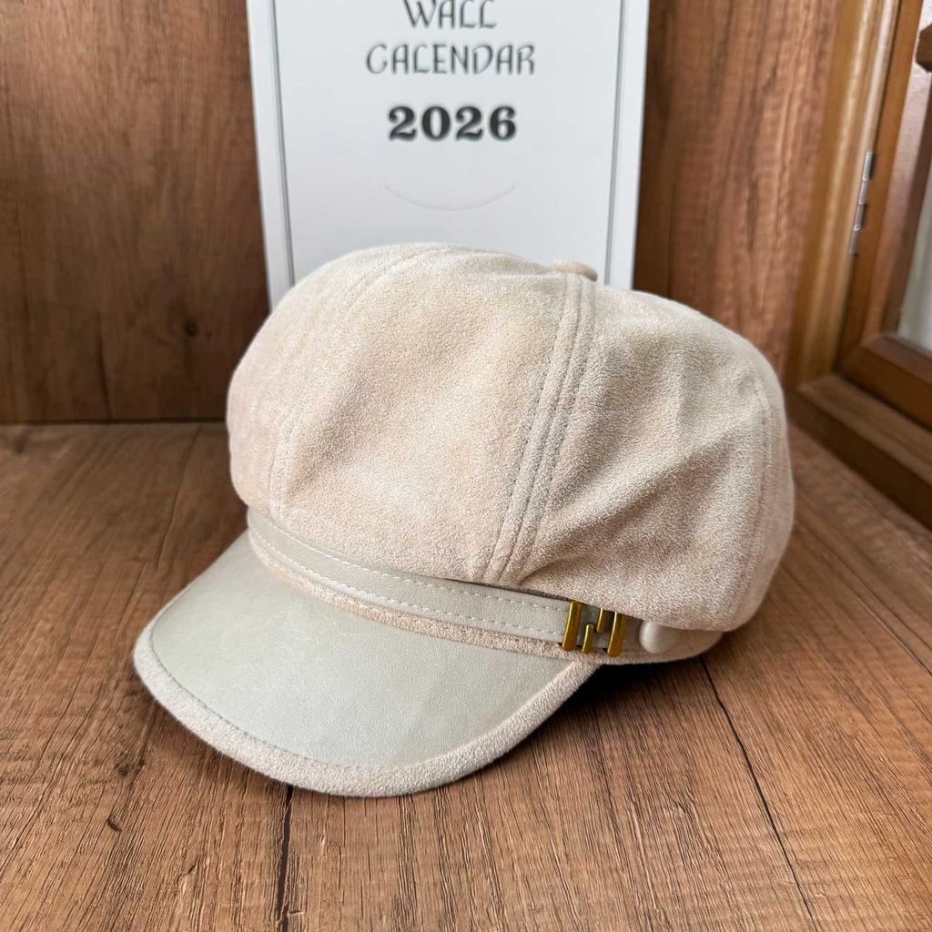 French Vintage Suede Splicing Leather Brim Newsboy Octagonal Ladies Brimmed Beret Internet Celebrity Fall/Winter