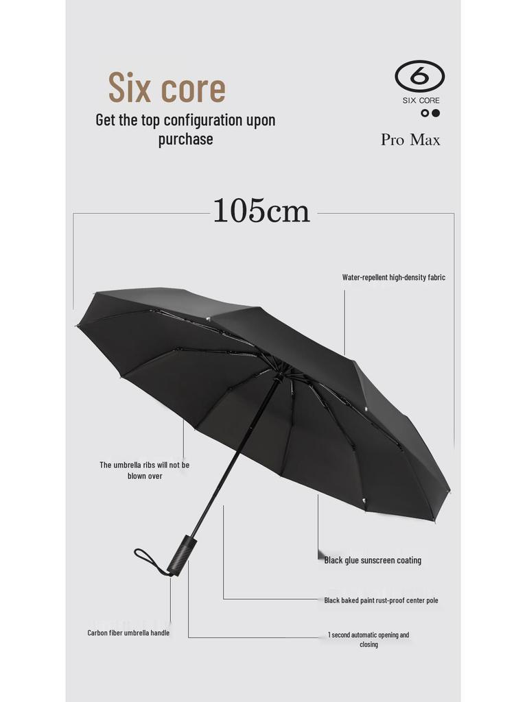Men's Business Folding Umbrella with 10-Rib Carbon Fiber Handle, Sunscreen UV Protection, Automatic Open/Close, Rain or Shine.