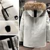 Men Down Jacket with Multiple Pockets Hooded Faux Fur Trim Long Sleeve