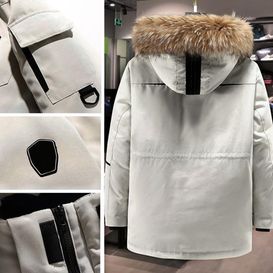 Men Down Jacket with Multiple Pockets Hooded Faux Fur Trim Long Sleeve