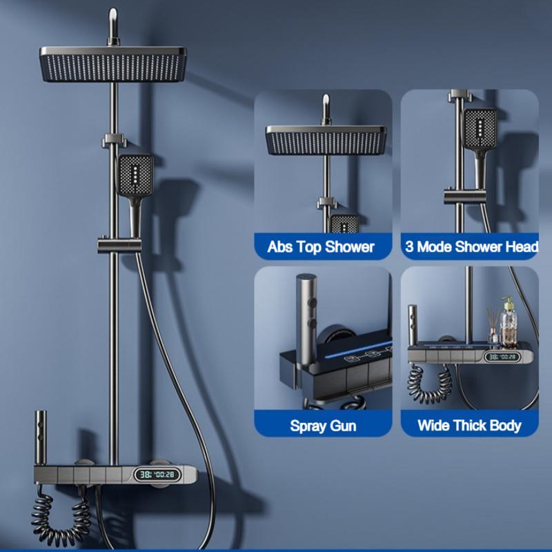 Sistema de Conjunto de Ducha con Pantalla de Temperatura Montado en Pared 4 Funciones Tecla de Piano Lluvia Caliente Fría Conjunto de Grifo de Ducha para Baño