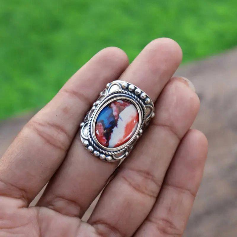 Vintage Brede Kunststeen Ring Dames Zilver Turkije Bruiloft Sieraden
