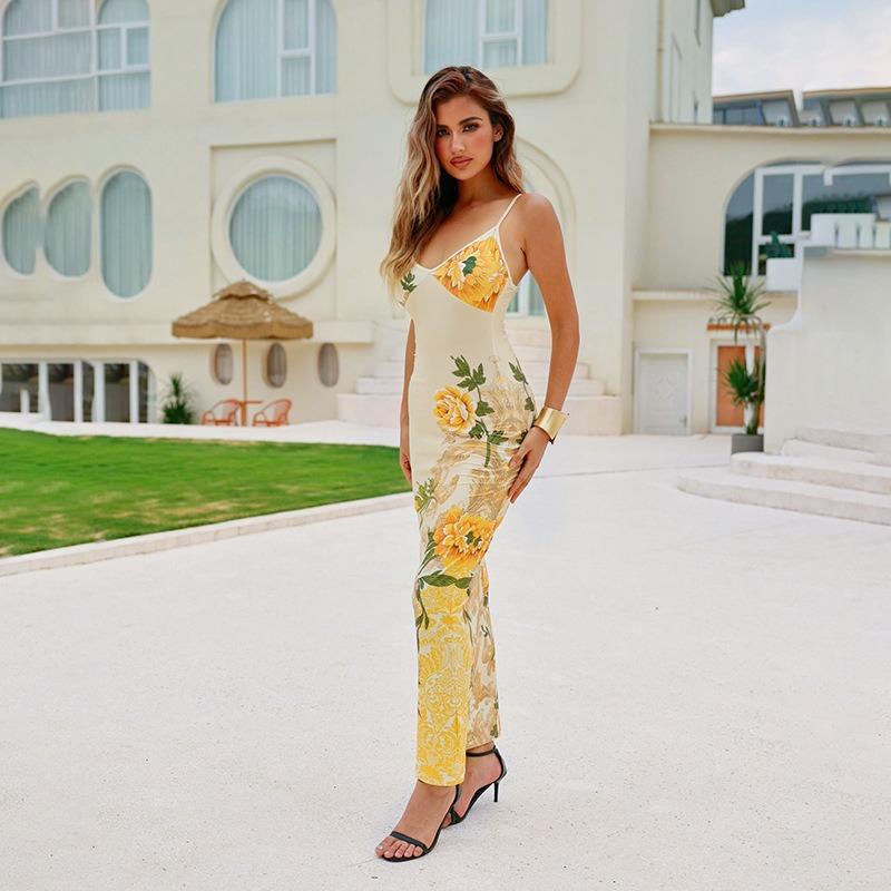 Halter V-neck Print Sexy Slim Dress Summer Vacation Chic Spice Backless Dress