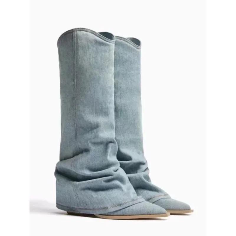 Fashion Pointed Toe High Heel Trouser Tube Boots New Female Western Cowboy Knight Boots Denim Splicing Street Style Sewing Fashion Shoes