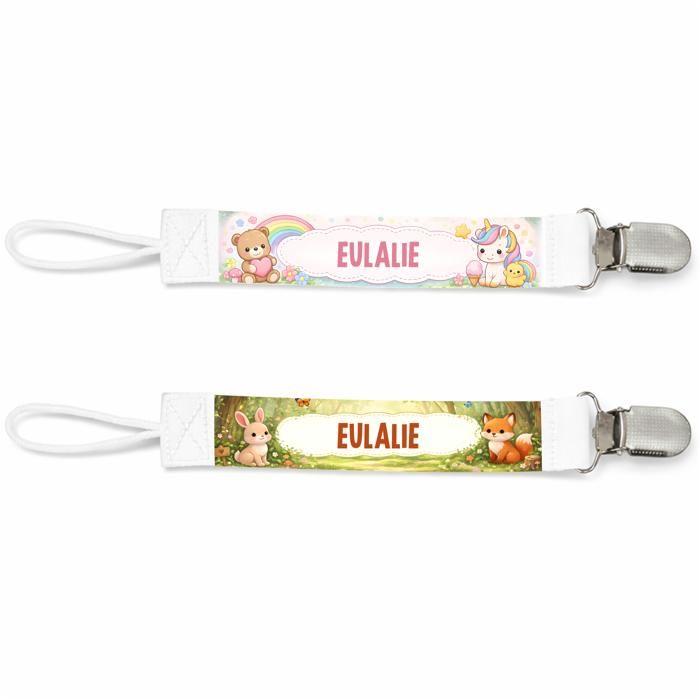 Planetee Lot de 2 Attaches Tétine pour Eulalie Animaux Mignons - Attache Sucette Personnalisée Bébé Fille Cadeau Naissance