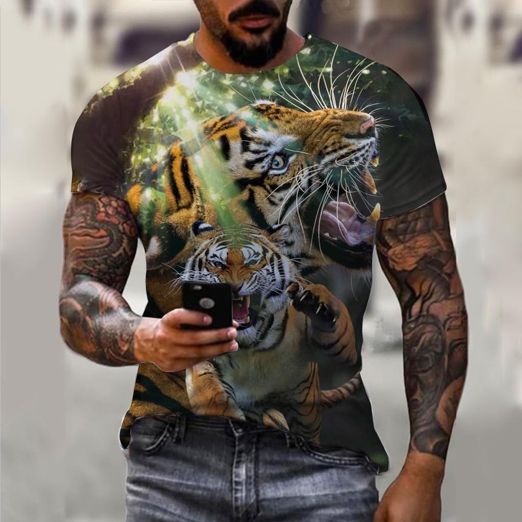 Summer Round Neck 3D Tiger Print Top Fashionable Casual Short Sleeved Men's T-shirts
