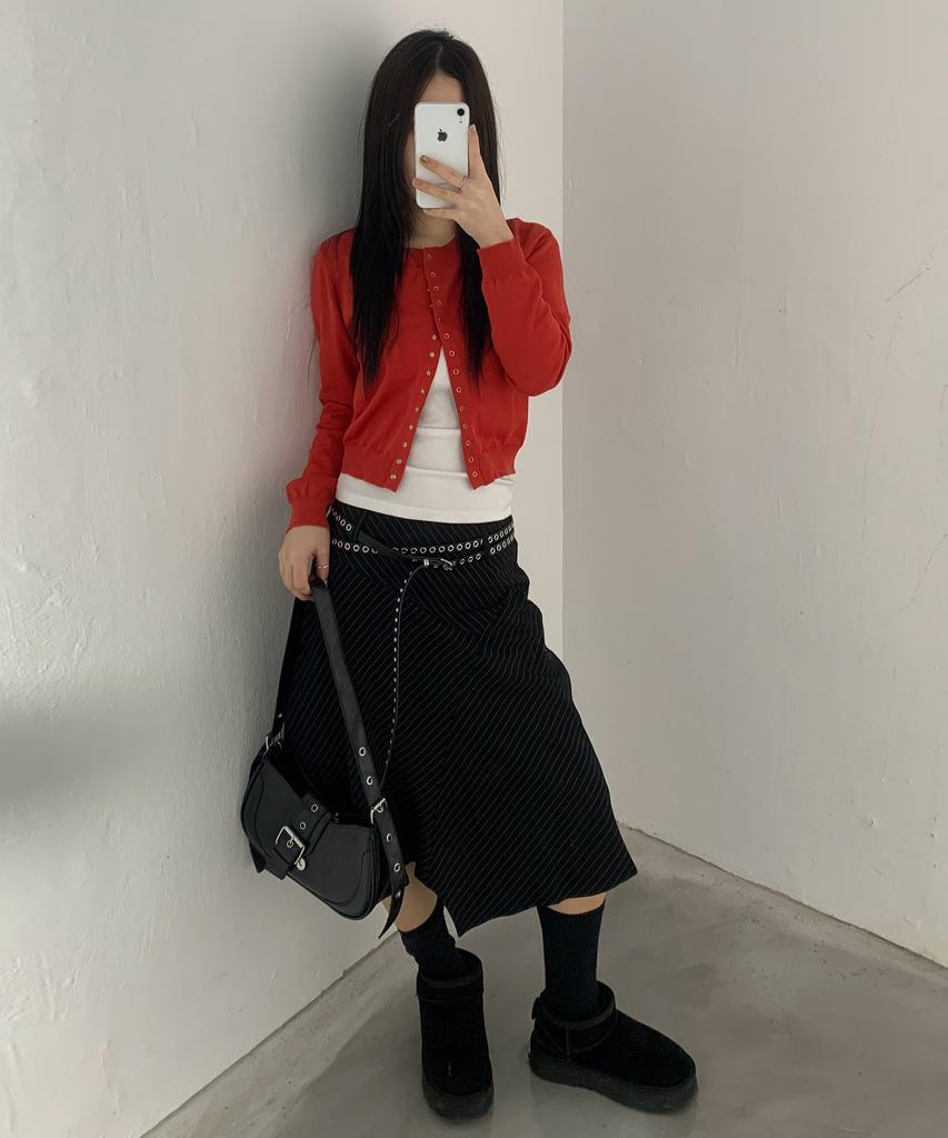 Chix Pinstripe Asymmetrical Midi Skirt Black