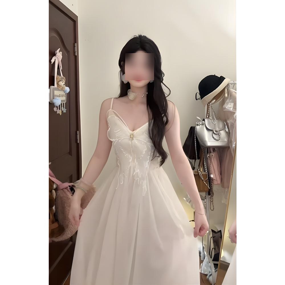 French Casual Pure Desire White Mesh Butterfly Suspender Dress Fairy Summer Seaside Vacation Dress Long Skirt