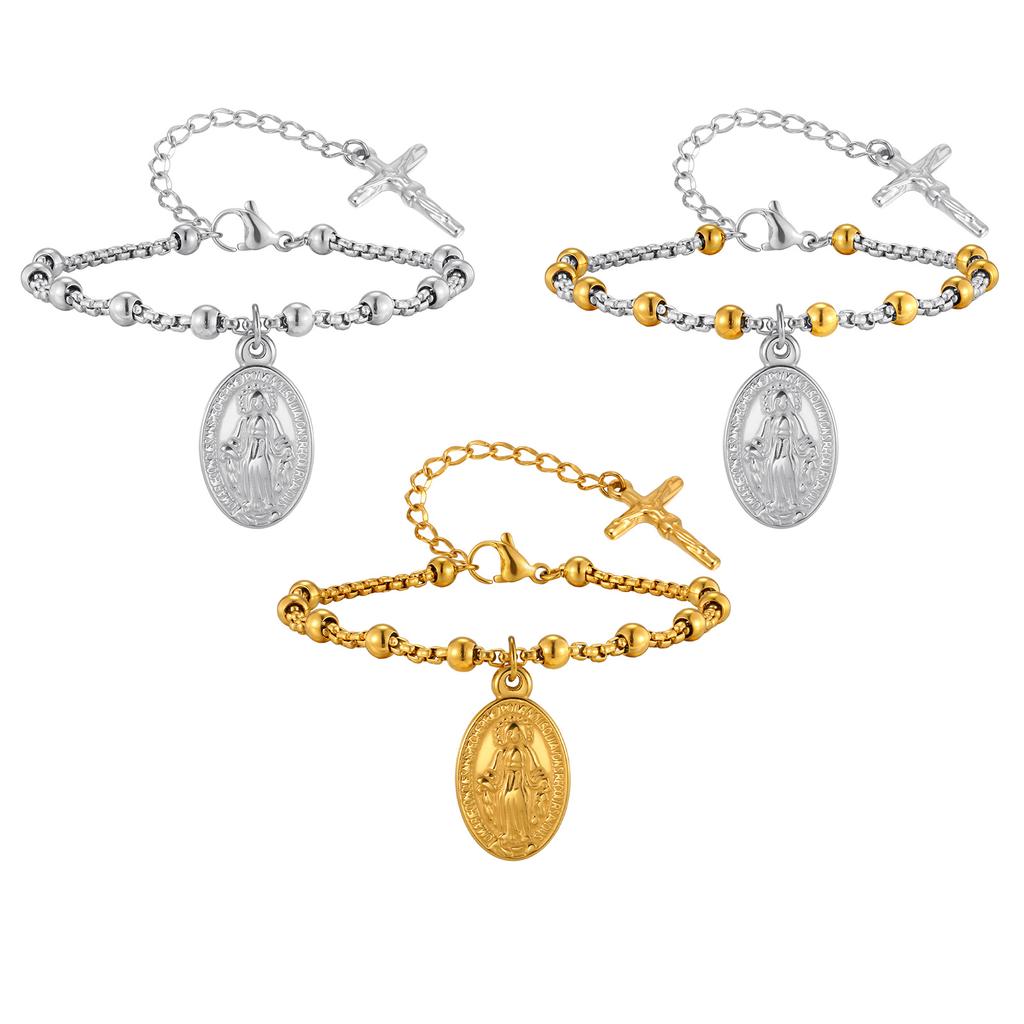 Religieuze Jezus Kruis Rozenkrans Armband voor Vrouwen, Roestvrij Staal Maagd Maria Bedels Armbanden Verguld Gebed Sieraden